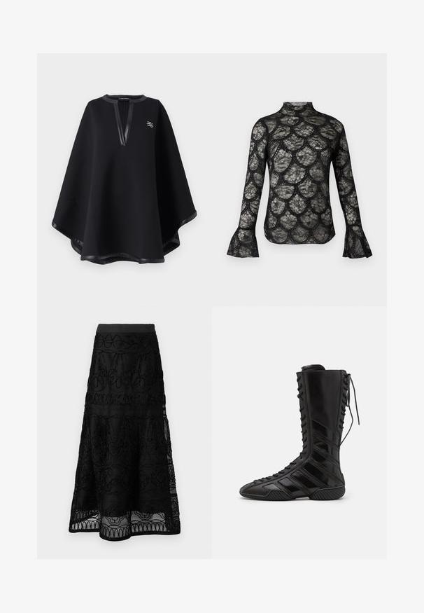 Sort poncho lavet af blødt stof med en dyb V-halsudskæring, der har pynt i kunstlæder og et broderet logo. Glat, tekstureret finish.; Sort blonde top med høj krave og flagrende lange ærmer, med et bølget mønster gennem hele stoffet.; Sort midi-nederdel med lagdelt blonderstof med blomster- og geometriske broderidetaljer.; Sorte høje støvler lavet af skinnende syntetisk materiale, med et komplikere snøredesign og diagonale stribe-detaljer på siderne.