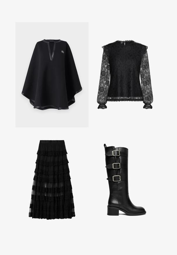Sort poncho lavet af blødt stof med en dyb V-halsudskæring, der har pynt i kunstlæder og et broderet logo. Glat, tekstureret finish.; Sort blonde top med lange transparente ærmer, blomsterprint, bølget udskæring og indsnørede manchetter. Blusen er foret for at sikre dækning.; Sort lagdelt blonde midi-nederdel med elastisk talje med indgraveret mærkenavn, der har gennemsigtige og solide lagdelte stofpaneler.; Sort læderstøvle til knæet med tre justerbare sølvspænder og en lav blokhæl på hvid baggrund.