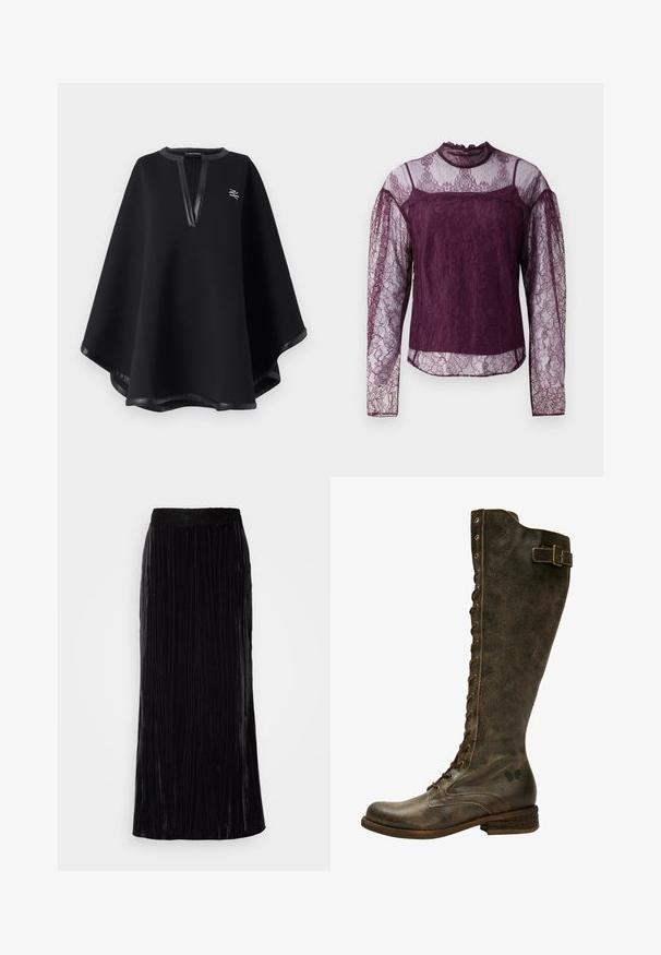 Zwarte poncho van zachte stof, met een diepe V-halslijn en nep leren afwerking, voorzien van een geborduurd logo. Gladde, gestructureerde afwerking.; Paarse kanten blouse met lange mouwen en doorzichtige gedeelten op de mouwen en bovenste borst, met een hoge hals en ingewikkelde bloemenpatronen.; Zwarte fluwelen maxirok met verticale plooien en een golvende kant tailleband. De stof heeft een zachte, gestructureerde uitstraling.; Bruine leren kniehoog laars met decoratieve veters, gespdetail en textuurafwerking. Afgeronde neus en gestapelde houten hak.