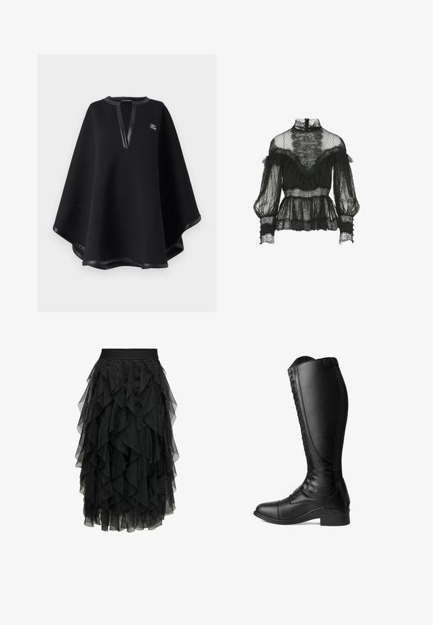 Poncho negro hecho de una tela suave, con un escote en V profundo y ribete de cuero sintético, además de un logo bordado. Acabado liso y texturizado.; Luisa Spagnoli Lauco- Blouse - Fashion Show - Blusa - nero; Falda midi negra de tul en capas con un diseño con volantes. Presenta una cinturilla elástica. El tejido transparente añade textura y movimiento.; Botas de montar de cuero negro con un caña alta, cordones en la parte delantera, puntera redondeada y tacón bajo. Textura suave y diseño elegante.