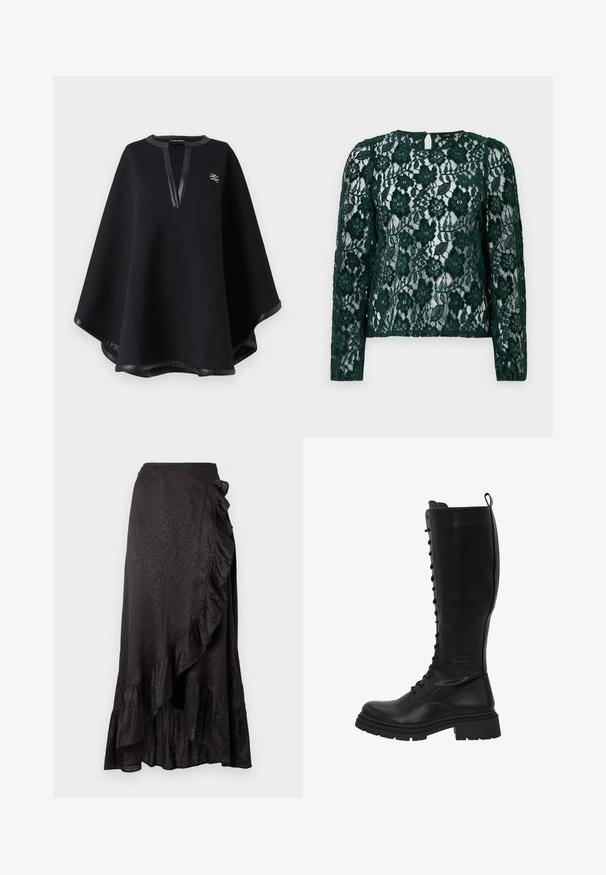 Schwarzer Poncho aus weichem Stoff, mit einem tiefen V-Ausschnitt und Besatz aus Kunstleder sowie einem gestickten Logo. Glatte, strukturierte Oberfläche.; Grünspitzenoberteil mit langen Ärmeln, floralen Mustern und einem Schlüsselloch-Rückendetail. Das Material ist durchsichtig und besitzt komplexe Texturen und Verzierungen.; Schwarzer Satinrock mit gekräuseltem Saum und seitlichen Details. Strukturierter Leopardenmuster sorgt für visuelles Interesse. Lange, fließende Silhouette.; Schwarze kniehohe Lederstiefel verfügen über eine Schnürung an der Vorderseite, eine strapazierfähige Sohle mit Rillen und einen weiten Schaft für angenehmen Tragekomfort.