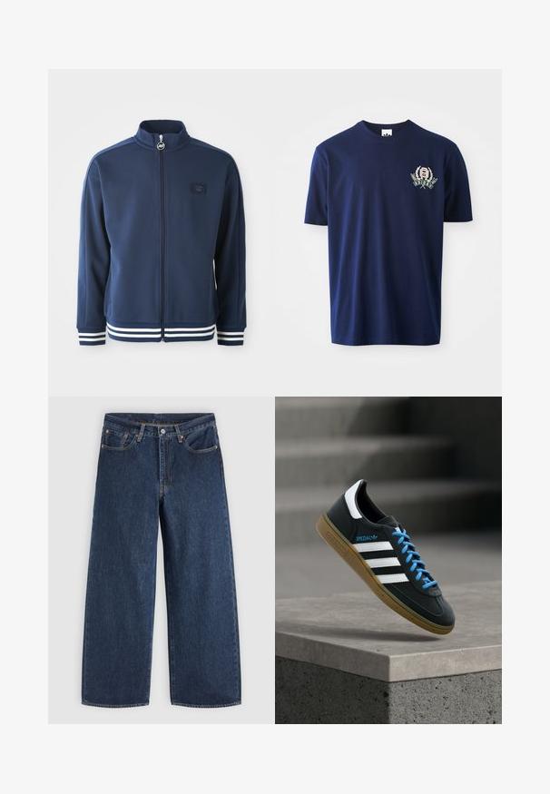 Marine blauwe trainingsjas met hoge kraag, volledige rits en logo aan de voorkant. Voorzien van witte streepaccenten op de manchetten en zoom, gemaakt van gladde stof.; Marineblauwe katoenen T-shirt met korte mouwen, ronde hals en geborduurd logo met lauriertakken op de linkerborst.; Donkerblauwe wijde denim jeans met voorzakken, knoopsluiting en riemlussen, plat gelegd op een lichte achtergrond.; Zwarte Adidas-sneaker met witte strepen, blauwe veters en een gumzool die boven een grijze betonnen trede zweeft in zacht licht.
