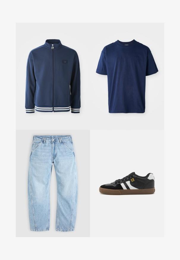 Marine blauwe trainingsjas met hoge kraag, volledige rits en logo aan de voorkant. Voorzien van witte streepaccenten op de manchetten en zoom, gemaakt van gladde stof.; Navyblauwe katoenen t-shirt met een ronde hals, korte mouwen en een subtiele gegraveerde logo op de borst. Eenvoudig vlak ontwerp, zachte textuur.; Lichtblauwe spijkerbroek met een relaxte pasvorm, knoop- en ritssluiting aan de voorkant, schuine voorzakken en riemlussen.; Zwart-witte sneakers met een bovenwerk van suède en leer, voorzien van witte strepen, zwarte veters en een bruine rubberen zool. Gouden logo-accenten.