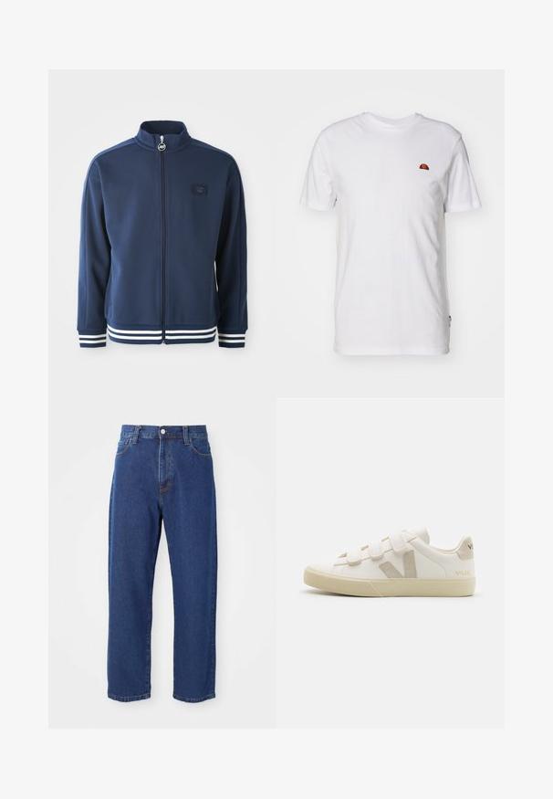 Chaqueta de chándal azul marino con cuello alto, cremallera completa y logotipo en la parte delantera. Cuenta con acentos de franjas blancas en los puños y el dobladillo, fabricada en tejido suave.; Camiseta sencilla blanca de manga corta con un pequeño logo semicircular rojo y naranja en la parte superior izquierda del pecho.; Vaqueros de tiro alto de algodón, con una silueta de pierna recta, costuras visibles y un cierre de botón en la parte delantera.; Zapatillas de cuero blancas con correas de Velcro, acentos beige, punta redondeada, suela de goma texturizada y logo en relieve. Diseño minimalista.