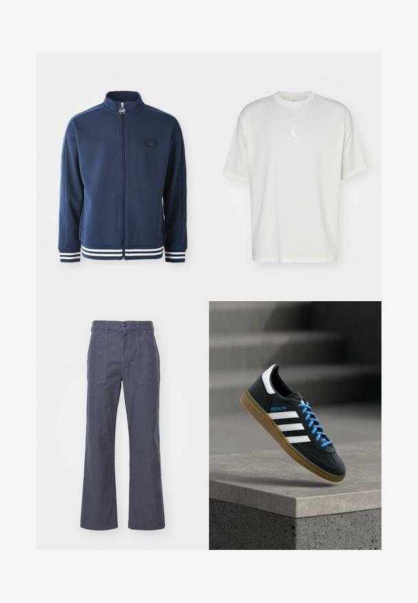 Chaqueta de chándal azul marino con cuello alto, cremallera completa y logotipo en la parte delantera. Cuenta con acentos de franjas blancas en los puños y el dobladillo, fabricada en tejido suave.; Camiseta de algodón blanca con cuello redondo, mangas cortas y un pequeño logo bordado en el centro. Diseño de corte holgado con costuras mínimas.; Pantalones de pierna ancha en gris oscuro, fabricados en algodón. Con dos bolsillos delanteros y cierre de botón. Textura suave con un diseño casual.; Zapatilla negra Adidas con franjas blancas, cordones azules y suela de goma flotando sobre un escalón de hormigón gris con luz suave.