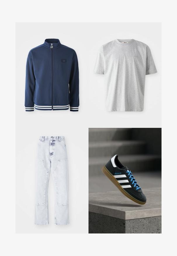 Marine blauwe trainingsjas met hoge kraag, volledige rits en logo aan de voorkant. Voorzien van witte streepaccenten op de manchetten en zoom, gemaakt van gladde stof.; Grijs t-shirt met korte mouwen, gemaakt van zacht materiaal. Het heeft een ronde halslijn en een subtiele geborduurde logo op de voorkant.; Lichtblauwe denim jeans met rechte pijpen, patchzakken, hoge taille en een vervaagd uiterlijk. Voorzien van ton-sur-ton stiksels en een relaxte pasvorm.; Zwarte Adidas-sneaker met witte strepen, blauwe veters en een gumzool die boven een grijze betonnen trede zweeft in zacht licht.