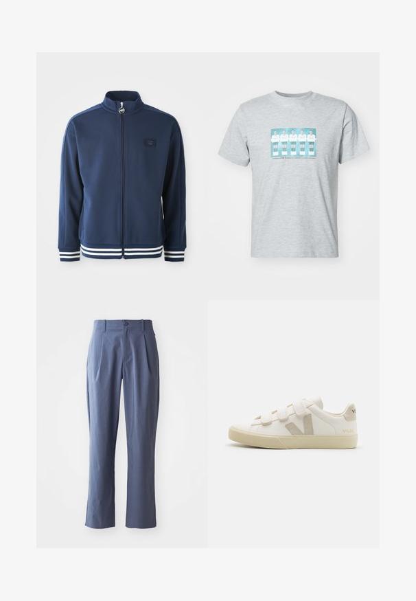 Marine blauwe trainingsjas met hoge kraag, volledige rits en logo aan de voorkant. Voorzien van witte streepaccenten op de manchetten en zoom, gemaakt van gladde stof.; Grijze katoenen t-shirt met een centrale print van vijf voetballers in witte outfits met teal accenten, ronde halslijn en korte mouwen.; Marineblauwe broek met plooien, recht gesneden, gemaakt van lichtgewicht stof, met een enkele sluiting met knoop aan de voorkant en riemlussen.; Witte leren sneakers met klittenbandsluitingen, beige accenten, ronde neus, gestructureerde rubberen zool en reliëflogo. Minimalistisch ontwerp.