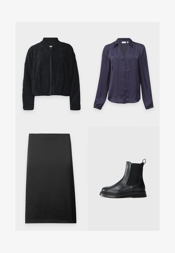 Schwarze Kordjacke im Bomber-Stil mit einem Frontreißverschluss, geripptem Kragen und weiten Ärmeln, die eine strukturierte Oberfläche und einen verkürzten Schnitt aufweist.; Marineblaue, langärmlige Satinbluse mit Kragen und Knöpfen vorne, leicht gerafften Manschetten und lockerer Passform.; Schwarze Bleistiftrock aus glattem Stoff, mit einem durchbrochenen Muster. Rechteckige Form mit einem gleichmäßigen Saum und ohne sichtbare Verschlüsse oder Akzente.; Schwarze Leder-Chelsea-Stiefel mit elastischen Seitenpaneelen, abgerundeter Zehenpartie und strukturiertem schwarzen Gummisohle. Verfügt über eine Zuglasche für einfaches Anziehen.