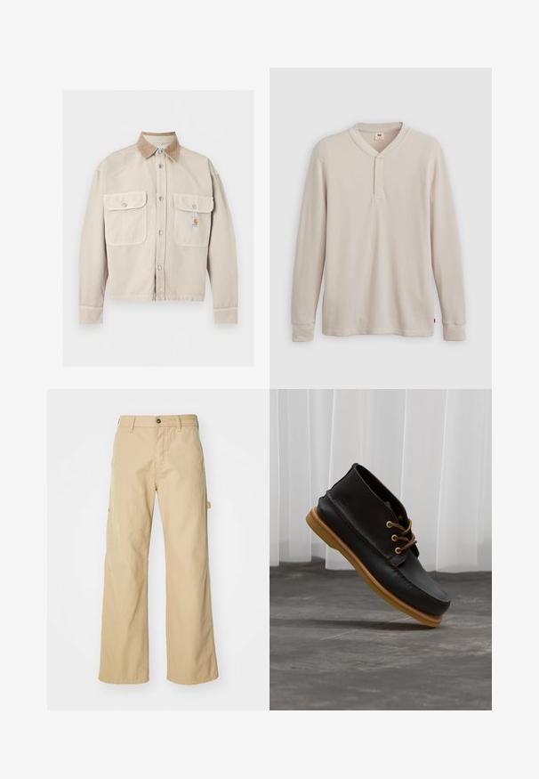 Beige jakke med knapper foran, med to forlommer med klap og en kontrastfuld lys brun kordfløjls krave, med et lille logo på højre lomme.; Langærmet henley-skjorte i lys beige ribbet stof, med V-hals, tre-knap placket og manchetter ved ærmerne. Rød logo-tags ved kanten.; Beige brede cargo bukser med knaplukning, der har sidelommer, lavet af slidstærkt bomuldsstof, glat tekstur og lige skæring.; Sorte lædersko med en glat overflade, rund tå, brune snørebånd og lysebrune gummisåler. Logo præget på siden.
