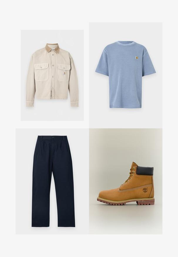 Beige jakke med knapper foran, med to forlommer med klap og en kontrastfuld lys brun kordfløjls krave, med et lille logo på højre lomme.; Lyseblå T-shirt med korte ærmer, tekstureret ribstrikket mønster og broderet logo-patch på venstre bryst. Rund halsudskæring.; Mørk navyblå bomuldsbukser med knaplukning, folder foran og lige ben.; Brun læderankelstøvle med sort krave, gule snørebånd og tanfarvet sål. Har logo og hvide syninger som detalje. Robust ydersål med greb.