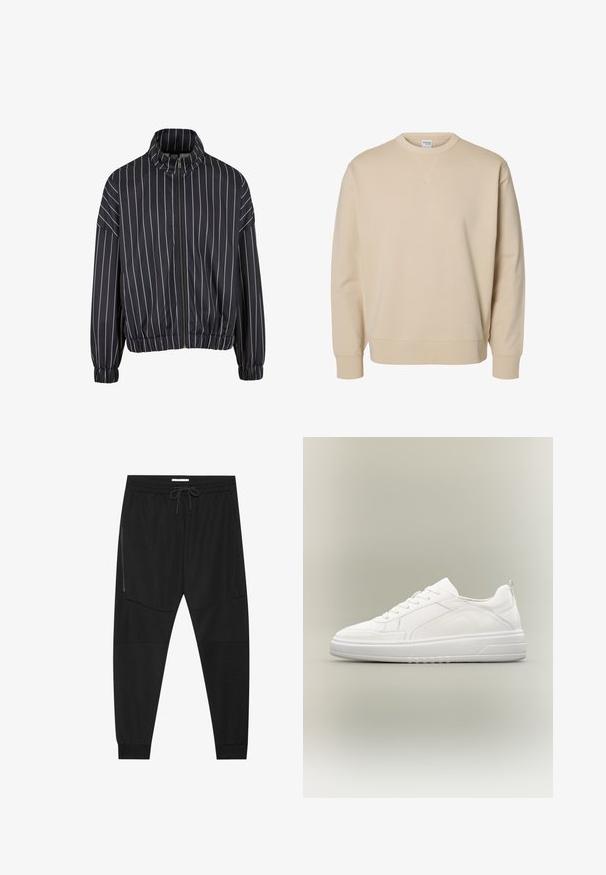 Sort bomberjakke med hvide lodrette striber, høj krave, lynlås lukning foran, elastiske manchetter og liv; lavet af et glat stof.; Beige crewneck sweatshirt med lange ærmer, ribstrikkede manchetter og kant samt en lille syet V-detalje under kraven.; Sorte træningsbukser lavet af tekstureret stof, med justerbar talje, lynlåslomme på siden og tapered cuffs.; Hvid lavtop sneaker med snørelukning foran, teksturerede sidepaneler og tyk sål på neutral baggrund.