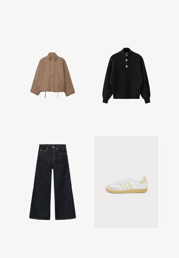 Veste matelassée beige avec col montant, fermeture à boutons-pression, poches latérales et cordons ajustables à l'ourlet.; Pull-over en tricot noir avec un col montant, doté d'une patte de boutonnage avec des boutons couleur or et des manches amples.; Jean large en denim foncé avec taille haute, dotée de deux poches avant, d'une fermeture à bouton et de coutures contrastantes.; Baskets Adidas Samba blanches avec des bandes en daim beige, patch au talon, renfort à l'avant et semelle en caoutchouc naturel sur fond blanc.