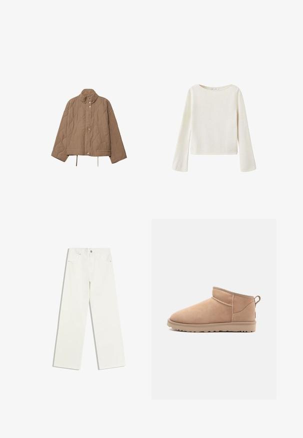 Veste matelassée beige avec col montant, fermeture à boutons-pression, poches latérales et cordons ajustables à l'ourlet.; Pull blanc cassé à manches longues avec un large col rond et des manches légèrement évasées, fabriqué en tissu en maille douce.; Jean blanc taille haute, jambes droites, avec poches avant et fermeture à bouton sur fond blanc.; Botte de cheville en daim beige avec un bout arrondi, une texture douce, un design simple et une semelle en caoutchouc à profil bas. Dispose d'une languette à l'arrière.