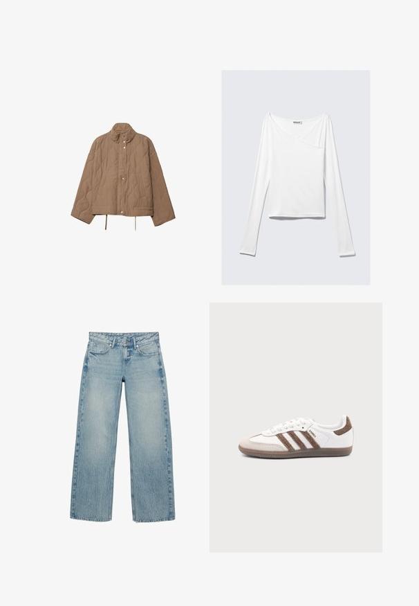Veste matelassée beige avec col montant, fermeture à boutons-pression, poches latérales et cordons ajustables à l'ourlet.; Haut blanc à manches longues avec un design croisé et une poche. Fabriqué dans un tissu lisse et extensible. Coupé dans une coupe décontractée et ample.; Jeans bleu clair à jambes droites avec bouton frontal, passants pour ceinture et poches, présentant une texture denim subtilement délavée et froissée.; Baskets Adidas Samba blanches avec des bandes en daim marron, semelle en caoutchouc marron et bout en daim beige, vues du côté extérieur sur un fond uni.