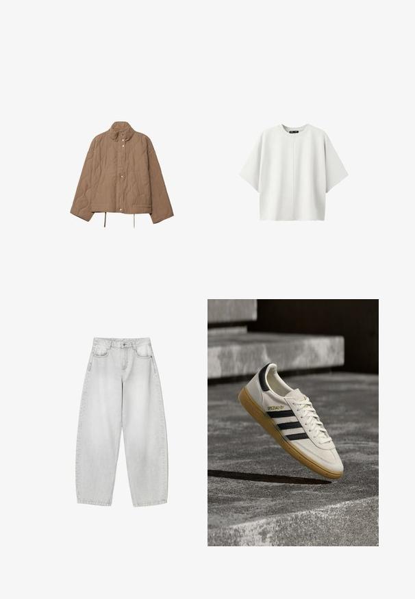 Veste matelassée beige avec col montant, fermeture à boutons-pression, poches latérales et cordons ajustables à l'ourlet.; Chemise blanche unie oversize à manches courtes avec un col rond et une couture verticale centrale sur un fond blanc uni.; Jeans à large jambe de couleur gris clair en denim, avec des poches avant, une taille à bouton et une finition légèrement délavée.; Baskets Adidas Spezial blanches avec des rayures noires et une semelle en gomme flottant au-dessus de marches en pierre grises à l'extérieur.
