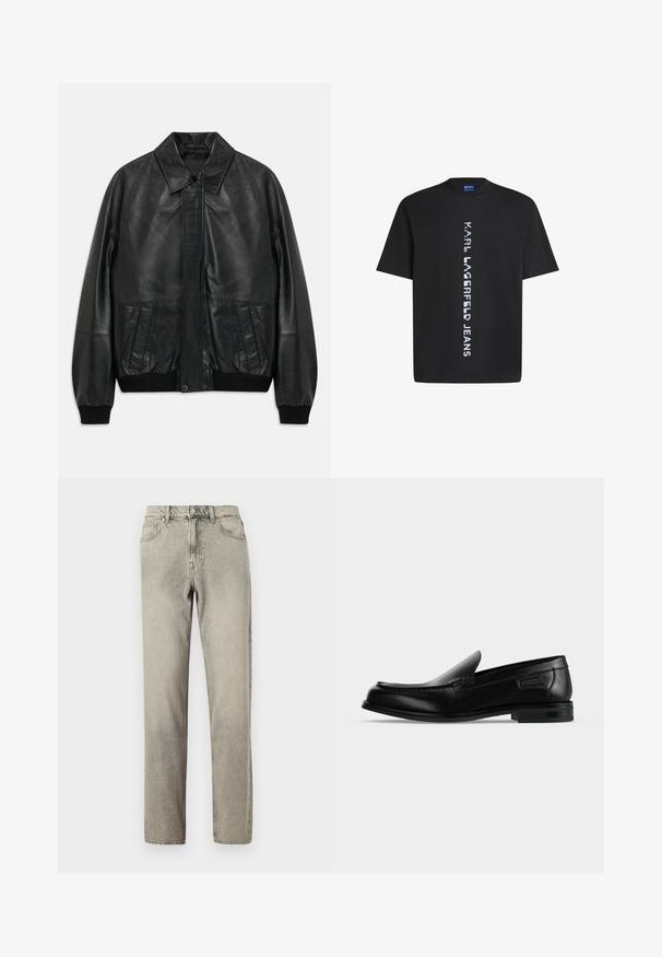 Zwarte leren jas met voortassen, geribde manchetten en tailleband, met een puntige kraag en verborgen sluiting aan de voorkant.; Zwarte katoenen t-shirt met verticale witte tekst "KARL LAGERFELD JEANS." Klassieke ronde hals en korte mouwen. Soepele textuur.; Lichtgrijze spijkerbroek met rechte pijpen, vijf zakken en een knoopsluiting. De stof heeft een licht gestructureerde uitstraling.; Zwarte leren instapschoen met lage hak, afgeronde neus en decoratieve stiksels langs de bovenrand.