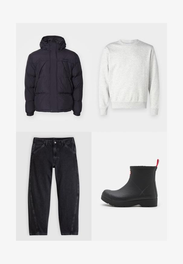 Čierna prešívaná bunda s kapucňou, s jemne lesklou textúrou, prešívaným vzorom a prednými gombíkmi. Logo Timberland na hrudi.; Sivý mikina vyrobená z mäkkej textílie. Má okrúhly výstrih, dlhé rukávy, rebrované manžety a rebrovaný lem. Jednoduchý, bez ozdôb dizajn.; Čierne džínsy z denimu s voľným strihom, vybavené štandardným pásom, dizajnom s piatimi vreckami a kontrastným prešitím pozdĺž švov.; Čierne gumové členkové čižmy s hladkým povrchom, okrúhlou špičkou a červeným poutkom vzadu. Majú nízku, pevnú podrážku pre zvýšenú odolnosť.