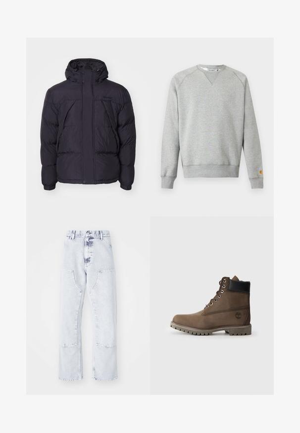 Schwarze Daunenjacke mit Kapuze, leicht glänzender Oberfläche, gestepptem Design und vorderen Knöpfen. Timberland-Logo auf der Brust.; Hellgraues Sweatshirt mit Rundhalsausschnitt, langen Ärmeln, gerippten Bündchen und Saum sowie kleinem Logo-Patch am linken Ärmelbündchen.; Hellblaue Denim-Jeans im Straight-Leg-Schnitt mit aufgesetzten Taschen, hoher Taille und einem verwaschenen Finish. Mit tonalem Nähen und einem lässigen Schnitt.; Braune Leder-Stiefelette mit schwarzem Kragen, Metallösen und robustem grauen Sohlen. Verfügt über ein Logo an der Seite und genähten Details.