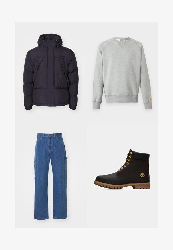 Sort puffersjakke med hætte, der har en let skinnende overflade, kviltet design og frontknapper. Timberland-logo på brystet.; Lysegrå crewneck sweatshir t med lange ærmer, ribbede manchetter og kant, samt lille logo patch på venstre ærmekant.; Blå denimjeans i en afslappet pasform med lige ben, har for- og baglommer samt knaplukning i taljen.; Sorte læder ankelstøvle med gyldne øjer, brune detaljer og gummisål. Har en polstret krave og præget logo på siden.