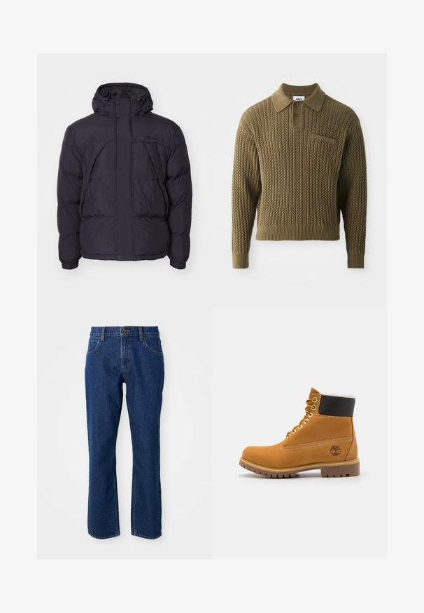 Zwarte pufferjack met capuchon, met een licht glanzende textuur, gestikte design en knopen aan de voorkant. Timberland-logo op de borst.; Gebreide trui in olijfgroen met een gestructureerd patroon, een kraag en een knoopsluiting met drie knopen. Voorzien van geribde manchetten en een zoom.; Donkerblauwe recht gesneden denim jeans met voor- en achterzakken, riemlussen en een knoopsluiting in de taille.; Bruine leren enkellaars met metalen oogjes, witte faux bont voering, zwarte gewatteerde kraag, robuuste zool en een reliëflogo aan de zijkant.