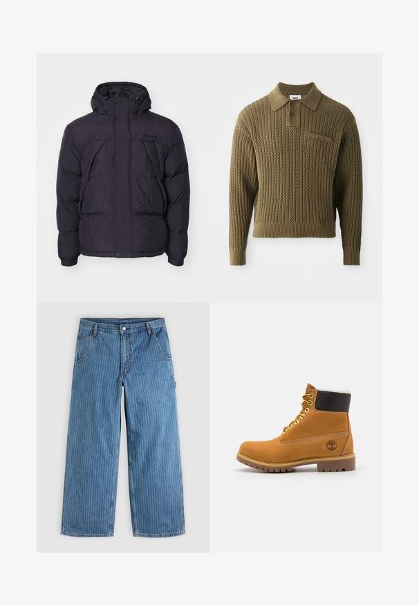 Čierna prešívaná bunda s kapucňou, s jemne lesklou textúrou, prešívaným vzorom a prednými gombíkmi. Logo Timberland na hrudi.; Pletený sveter v olivovo zelenej farbe s textúrovaným vzorom, s golierom a náprsenkou na tri gombíky. Má rebrované manžety a lem.; Modré široké rifle s tenkými bielymi vertikálnymi pruhmi, prednými vreckami, pútkami na opasok a zapínaním na gombík v páse.; Hnedé kožené ankle boot s kovovými očkami, bielym kožúškom vo vnútri, čiernym vypolstrovaným golierom, robustnou podrážkou a vyrazeným logom na boku.