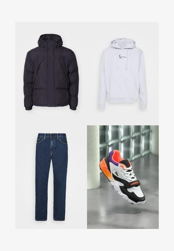 Sort puffersjakke med hætte, der har en let skinnende overflade, kviltet design og frontknapper. Timberland-logo på brystet.; Lys grå hættetrøje lavet af blød bomuldsblanding, med en kengurulomme og sort logo broderi på brystet. Justerbar snøre i hætten.; Mørkeblå denimjeans med lige skæring, fem lommer, bæltesløjfer og guldstikningsdetaljer. Letvægtsstof med en glat tekstur.; Lacoste-sneakers med et design i hvid, sort og orange samt en lilla hæl. Inkluderer perforerede detaljer og en velcro-rem.