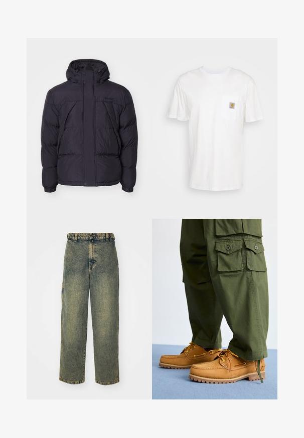 Sort puffersjakke med hætte, der har en let skinnende overflade, kviltet design og frontknapper. Timberland-logo på brystet.; Hvid bomulds T-shirt med korte ærmer, en brystlomme, og et lille firkantet logo patch i orange og hvid på lommen.; Slidse denim jeans i en falmet blå og grøn vask. Har en knaplukning, bælteløkker og sidelommer. Flad front og lige ben-design.; Timberland AUTHENTIC 3 EYE - Sejlersko - wheat