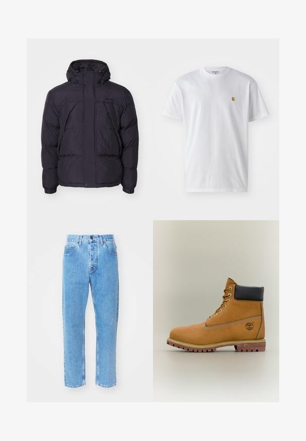 Zwarte pufferjack met capuchon, met een licht glanzende textuur, gestikte design en knopen aan de voorkant. Timberland-logo op de borst.; Witte katoenen t-shirt met korte mouwen en ronde hals, voorzien van een klein gouden logo op de linkerkant van de borst. Zachte textuur en een normale pasvorm.; Lichtblauwe denim jeans hebben een rechte pijpdesign, vijf zakken en een klassiek knoopsluiting bij de taille.; Bruine leren enkellaars met zwarte kraag, gele veters en een zandkleurige zool. Voorzien van een logo en witte stikseldetails. Robuuste loopzool met grip.