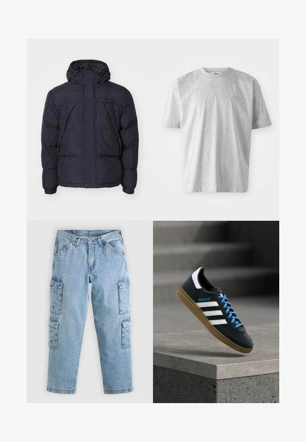 Must musta jope kapuuga, millel on kergelt läikiv tekstuur, tikandiga disain ja esiküljel nupud. Rinnal Timberlandi logo.; Hallav gray lühikeste varrukatega T-särk, mis on valmistatud pehmest materjalist. Omab ümmargust kaelust ja diskreetset logo, mis on esiosas tikitud.; Hele sinised teksariidest cargo-püksid sirge jala disainiga, millel on mitu küljetaskut ja klassikaline nööpidega vöökoht.; Must Adidas toss valgete triibu, siniste paelte ja kummist tallaga, hõljuv pehme valgusega halli betoonastme kohal.