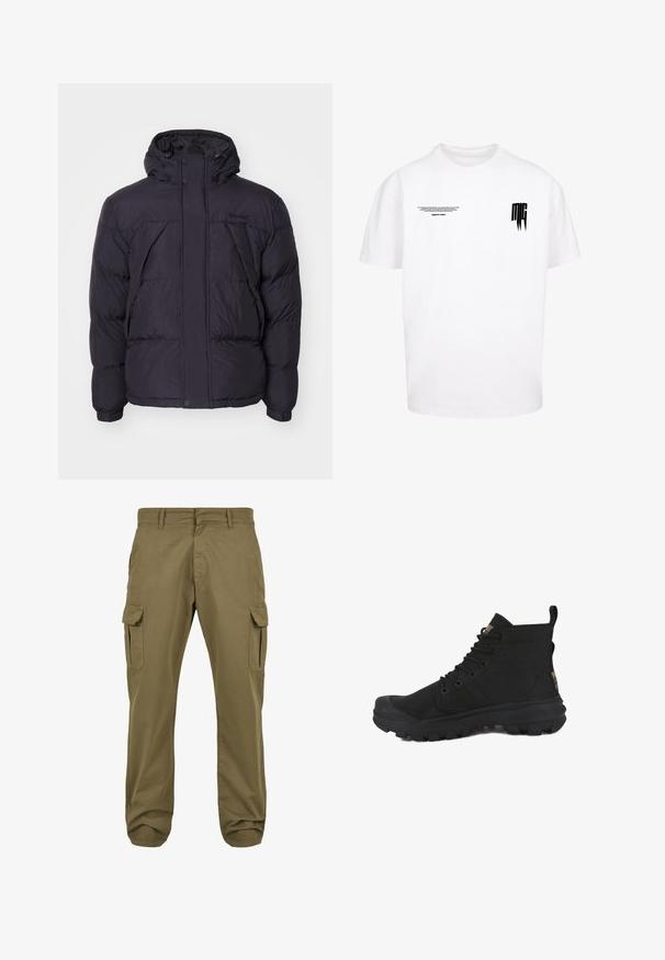 Sort puffersjakke med hætte, der har en let skinnende overflade, kviltet design og frontknapper. Timberland-logo på brystet.; Hvid bomulds T-shirt med korte ærmer, med sort tekst på fronten og et grafisk design på venstre side.; Grønne cargo bukser med lige pasform, lavet af bomuld, med sidelommer og knaplukning for funktionalitet. Glat tekstur, afslappet design.; Sorte højtop-sko med en tekstureret lærredsupperdel, gummisål og polstret krave. Har metaløjer og en bageste trækketag.