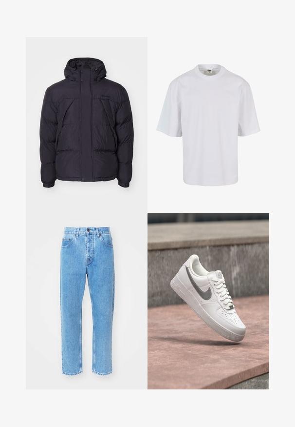Sort puffersjakke med hætte, der har en let skinnende overflade, kviltet design og frontknapper. Timberland-logo på brystet.; Hvid, kortærmet t-shirt lavet af bomuld. Har rund halsudskæring og løs pasform med en glat tekstur og ingen synlige mønstre eller grafik.; Lyseblå denimjeans har en lige ben-design, fem lommer og en klassisk knaplukning i taljen.; Hvid Nike Air Force 1 sneaker med gråt swoosh-logo svævende over en stensurface og en grå stenvæg i baggrunden.
