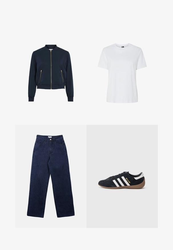 Chaqueta bomber navy hecha de tela suave, con cremallera frontal, dos bolsillos laterales con cremallera y puños y dobladillo acanalados. Detalles en cremallera dorada.; Camiseta blanca lisa de manga corta y cuello redondo, mostrada sobre un fondo blanco sin patrones ni logotipos visibles.; Pantalones de mezclilla azul oscuro con un diseño de pierna recta, que cuentan con un cierre frontal de botón, pasadores para cinturón y dos bolsillos frontales.; Zapatilla de ante negra con tres rayas blancas, suela de goma y un pequeño logo dorado en el lateral. Cuenta con un forro interior negro liso.