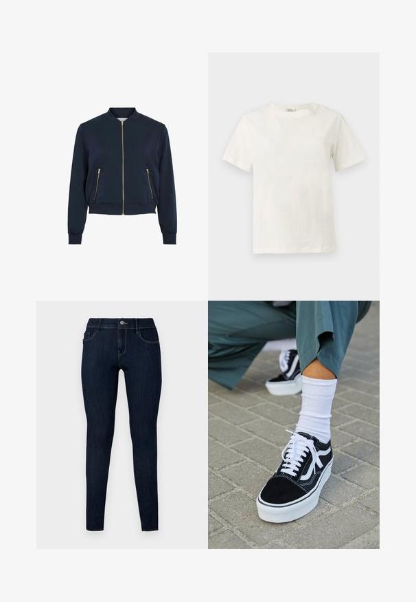 Marineblau bomberjacke aus glattem stoff, mit einem frontreißverschluss, zwei seitlichen reißverschlusstaschen und gerippten bündchen sowie saum. Goldene reißverschlussakzente.; Schlichtes weißes Baumwoll-T-Shirt mit kurzen Ärmeln und Rundhalsausschnitt, dargestellt auf neutralem hellgrauem Hintergrund.; Dunkelblaue Skinny-Jeans aus Denim-Stoff, mit einem Frontknopfverschluss, Gürtelschlaufen und vier Taschen mit einer glatten Textur.; Schwarze Wildledersneaker mit weißen Akzenten und Schnürsenkeln, ausgestattet mit einer dicken weißen Sohle und kontrastierenden Nähten, kombiniert mit einer weißen Socke.