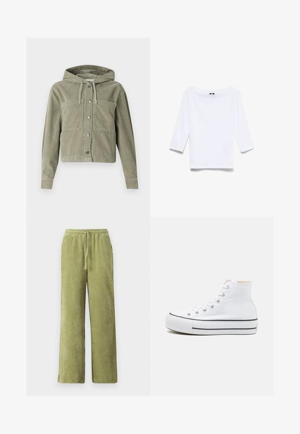 Olivgrüne Cordjacke mit Kapuze, mit durchgehendem Knopfverschluss, zwei Brusttaschen und geripptem Stoff. Taillierte, cropped Passform.; Weißes Hemd mit drei Viertelärmeln aus einem Baumwollmischgewebe; verfügt über einen weiten Bootsausschnitt und eine glatte, leichte Textur.; Grüne Cord-Hosen mit weitem Bein, elastischem Bund und Kordelzug. Vertikale Rillen im Stoff schaffen Textur.; Weiße High-Top-Sneaker aus einem Material aus Segeltuch, mit schwarzer Gummisohle und kontrastierendem schwarzen Streifen auf der Zwischensohle. Runde Zehenkappe und Schnürdesign.
