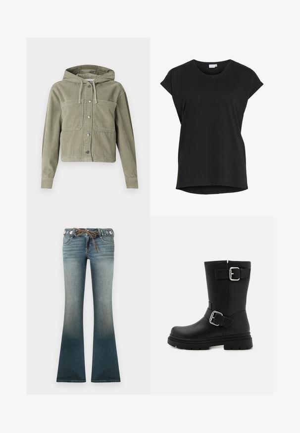 Olivgrüne Cordjacke mit Kapuze, mit durchgehendem Knopfverschluss, zwei Brusttaschen und geripptem Stoff. Taillierte, cropped Passform.; Schwarzes kurzärmeliges Freizeit-T-Shirt mit umgeschlagenen Bündchen und rundem Ausschnitt von der Marke VILA.; Ausgestellte Jeans aus Denim in einem Farbverlauf von Hell- zu Dunkelblau, mit einem bestickten Taillenbund und einem braunen Kordelzug als zusätzliches Detail.; Schwarze Leder-Stiefelette mit zwei seitlichen Schnallen, dickem Absatz, runder Zehenkappe und glatter Textur. Entworfen für Langlebigkeit und Stil.