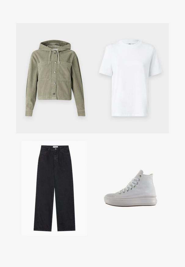 Olivgrüne Cordjacke mit Kapuze, mit durchgehendem Knopfverschluss, zwei Brusttaschen und geripptem Stoff. Taillierte, cropped Passform.; Weißes Baumwoll-T-Shirt mit Rundhalsausschnitt, kurzärmlig und mit glatter Textur. Entworfen mit einer lockeren Passform für Komfort und Vielseitigkeit.; Schwarze hoch geschnittene, weit geschnittene Jeans aus Denim mit Vorderknopf- und Reißverschluss, Gürtelschlaufen und fünf Taschen.; Weißer High-Top-Canvas-Sneaker mit weißen Schnürsenkeln, metallischen Ösen, dicker Gummisohle und strukturierter Zehenkappe, nach links auf weißem Hintergrund ausgerichtet.
