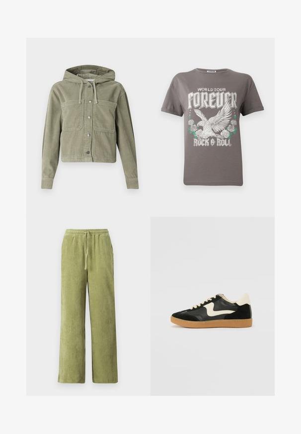 Olivgrüne Cordjacke mit Kapuze, mit durchgehendem Knopfverschluss, zwei Brusttaschen und geripptem Stoff. Taillierte, cropped Passform.; Graues Baumwoll-T-Shirt mit einem großen Grafikdesign eines Adlers und Rosen, mit dem Text "WORLD TOUR FOREVER ROCK & ROLL" in fetter weißer Schrift.; Grüne Cord-Hosen mit weitem Bein, elastischem Bund und Kordelzug. Vertikale Rillen im Stoff schaffen Textur.; Schwarze Wildleder- und Leder-Sneaker mit einem cremefarbenen Seiten-Swoosh und einer hellcremefarbenen Ferse. Ausgestattet mit beige Schnürsenkeln und einer Gummilaufsohle.