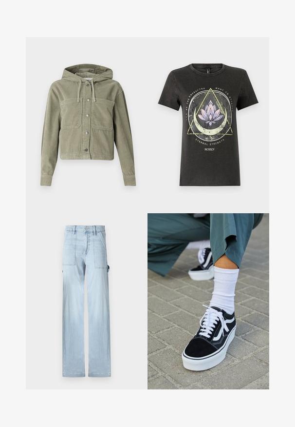Olivgrüne Cordjacke mit Kapuze, mit durchgehendem Knopfverschluss, zwei Brusttaschen und geripptem Stoff. Taillierte, cropped Passform.; Schwarzes Baumwoll-T-Shirt mit einem grafischen Design, das eine Lotusblume, geometrische Formen und Text in verschiedenen Farben zeigt. Kurze Ärmel und runder Ausschnitt.; Helle blaue Jeans-Cargo-Hosen mit geradem Bein, Fronttaschen und Seitentaschen. Der Stoff hat eine subtile verblasste Textur.; Schwarze Wildledersneaker mit weißen Akzenten und Schnürsenkeln, ausgestattet mit einer dicken weißen Sohle und kontrastierenden Nähten, kombiniert mit einer weißen Socke.