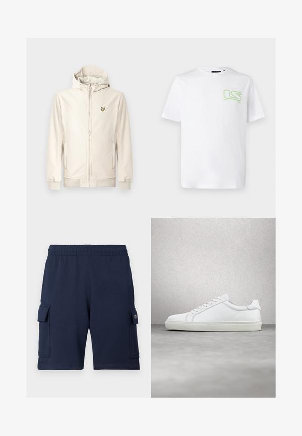 Veste à capuche beige clair en tissu lisse. Dotée d'une fermeture éclair devant, de poches latérales, de poignets côtelés et d'un petit logo brodé sur la poitrine.; T-shirt en coton blanc avec un petit logo vert "LS" sur la poitrine, côté gauche. Col rond classique et manches courtes.; Shorts cargo bleu marine en tissu doux, dotés d'une ceinture élastique, de deux poches latérales et d'un petit logo sur la poche gauche.; Sneaker blanche avec une tige en cuir lisse et un profil bas. Présente un bout arrondi, six œillets et une semelle en caoutchouc texturé.