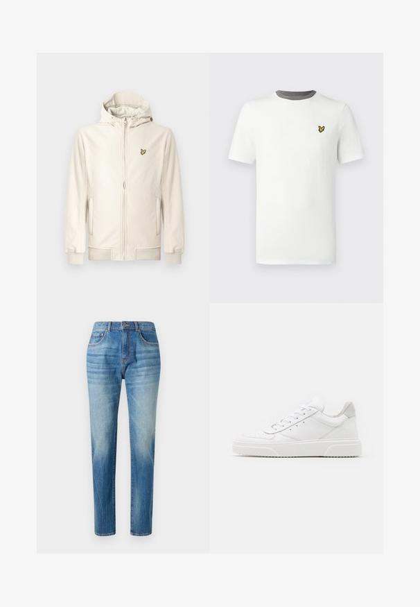 Chaqueta con capucha color beige claro hecha de tela suave. Cuenta con cremallera frontal, bolsillos laterales, puños acanalados y un pequeño logo bordado en el pecho.; Camiseta blanca de algodón con cuello redondo, mangas cortas y ribete gris en el cuello; presenta un pequeño logotipo bordado en amarillo en el pecho.; Jeans de mezclilla azul claro, diseño de pierna recta, con una cintura alta, sutil desvanecimiento y un estilo clásico de cinco bolsillos. Cierre de botón de metal.; Zapatillas de cuero blanca con un acabado suave, punta redondeada, cordones planos y una suela texturada. Acento de ante gris en el talón.
