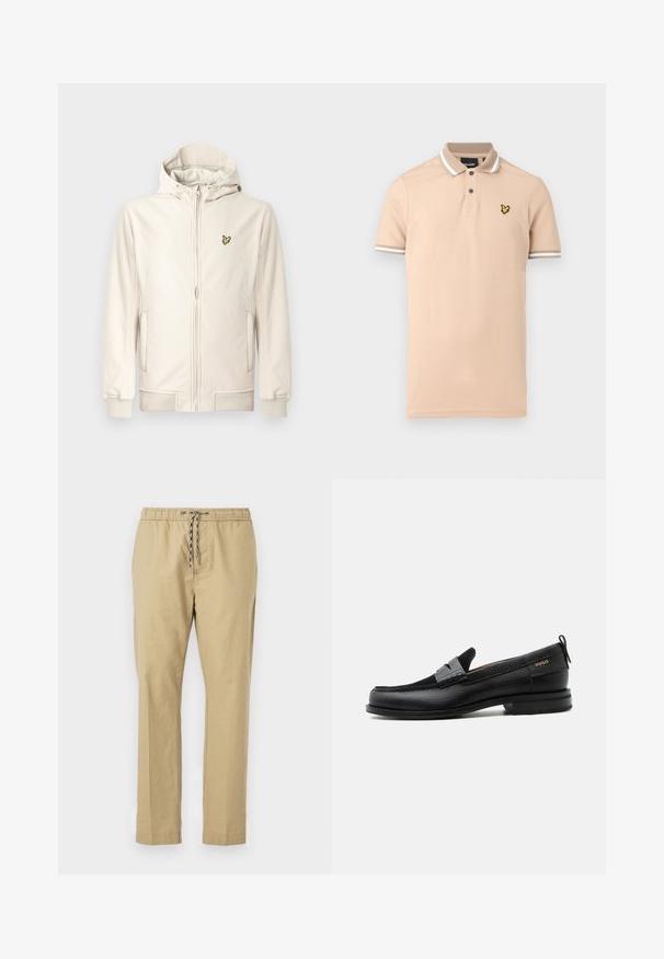 Chaqueta con capucha color beige claro hecha de tela suave. Cuenta con cremallera frontal, bolsillos laterales, puños acanalados y un pequeño logo bordado en el pecho.; Polo beige hecho de algodón, con una tapeta de dos botones, detalles de rayas blancas en el cuello y las mangas, y un logo amarillo en el pecho.; Pantalones beige con cintura elástica, cordón ajustable, piernas rectas y una textura de tela ligera.; Mocasín de cuero negro con detalle de tira gris, tacón bajo y suela texturizada, con la marca "HUGO" en oro en el lateral.