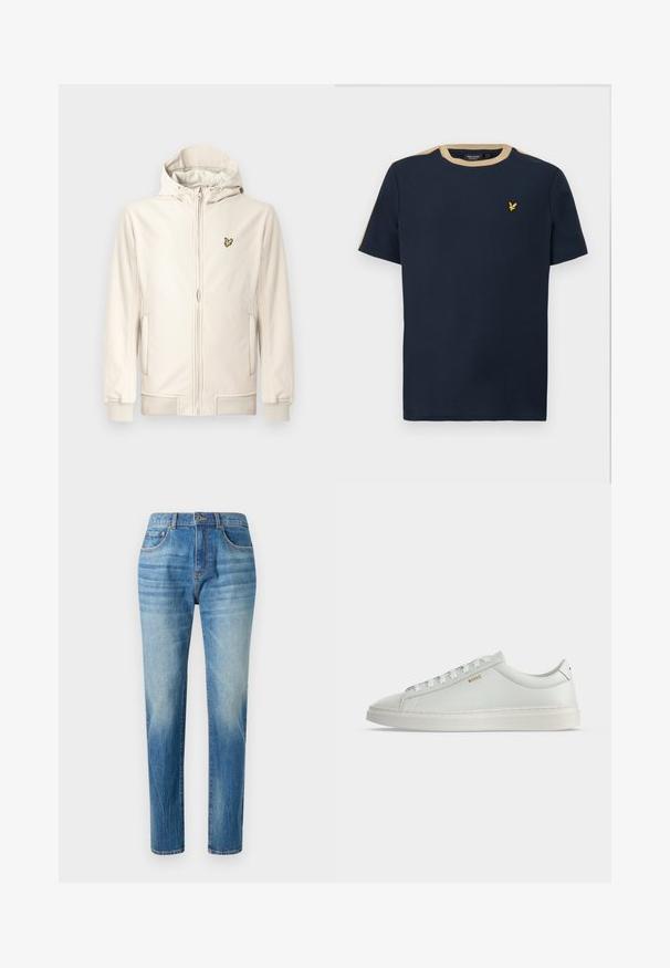 Chaqueta con capucha color beige claro hecha de tela suave. Cuenta con cremallera frontal, bolsillos laterales, puños acanalados y un pequeño logo bordado en el pecho.; Camiseta azul marino de algodón con escote redondo y mangas cortas. Presenta un borde de color beige y un pequeño logo bordado en dorado.; Jeans de mezclilla azul claro, diseño de pierna recta, con una cintura alta, sutil desvanecimiento y un estilo clásico de cinco bolsillos. Cierre de botón de metal.; Zapatilla blanca de cuero de corte bajo con cordones, suela plana y pequeño logo dorado "BOSS" en el lateral, vista desde el lado exterior.