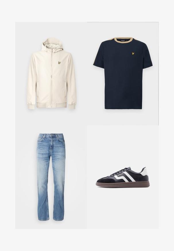 Veste à capuche beige clair en tissu lisse. Dotée d'une fermeture éclair devant, de poches latérales, de poignets côtelés et d'un petit logo brodé sur la poitrine.; T-shirt bleu marine en coton avec un col rond et des manches courtes. Doté d'une bordure beige et d'un petit logo brodé en or.; Jean en denim bleu clair avec une coupe droite, finition délavée, cinq poches et une fermeture à bouton. Design classique et épaisseur moyenne.; Baskets noires en suède et matériau synthétique, avec des bandes diagonales blanches et une semelle brun texturée. Elles présentent un design à lacets et un col rembourré.