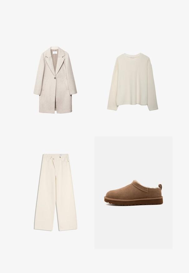 Manteau en laine beige clair avec un col cranté, une fermeture à un bouton, deux poches avant et une coupe décontractée. Fini en tissu texturé.; Pull-over crème à manches longues avec un col rond, d'une coupe décontractée et un col côtelé, présenté sur fond blanc.; Pantalon large couleur écru avec poches avant, passants pour ceinture, et boutons argentés sur la ceinture et les bords des poches.; Chausson marron en daim à enfiler, avec une doublure intérieure en peluche et une semelle épaisse à crampons, présenté de côté sur un fond uni.