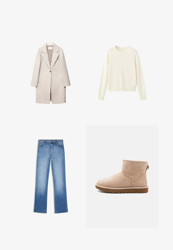 Manteau en laine beige clair avec un col cranté, une fermeture à un bouton, deux poches avant et une coupe décontractée. Fini en tissu texturé.; Pull à col rond manches longues couleur crème avec poignets et ourlet côtelés, présenté sur fond blanc.; Jean en denim bleu à taille haute et coupe droite, avec poches avant et fermeture par boutons.; Bottine en daim beige à bout arrondi, avec des accents cousus et une semelle en caoutchouc brun texturé. Elle se distingue par une languette à l'arrière.
