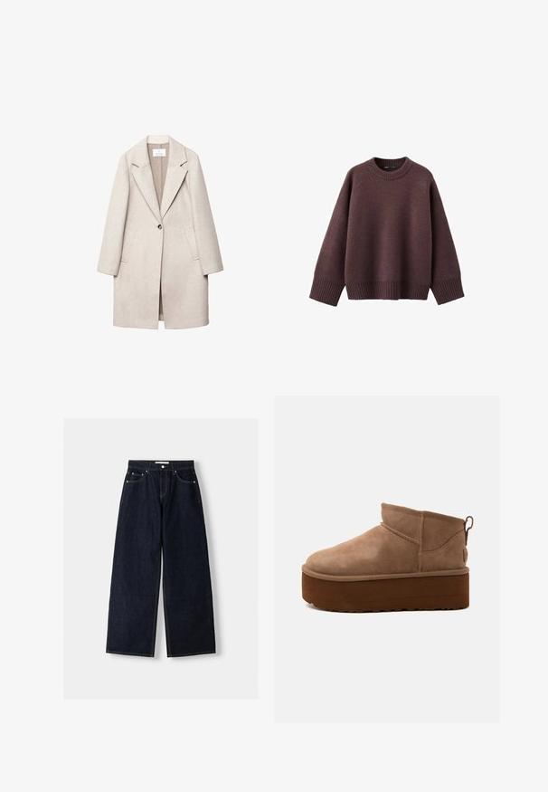 Manteau en laine beige clair avec un col cranté, une fermeture à un bouton, deux poches avant et une coupe décontractée. Fini en tissu texturé.; Pull ample de couleur bordeaux foncé, en tissu tricoté doux. Il présente un col rond côtelé, de larges manches et un ourlet côtelé.; Jean large en denim bleu foncé à taille haute, avec cinq poches, des coutures contrastées et des éléments en métal argenté. Texture lisse et finition soignée.; Bottine marron en daim de hauteur moyenne, style slip-on, avec une semelle épaisse compensée et un onglet à l’arrière sur fond clair.