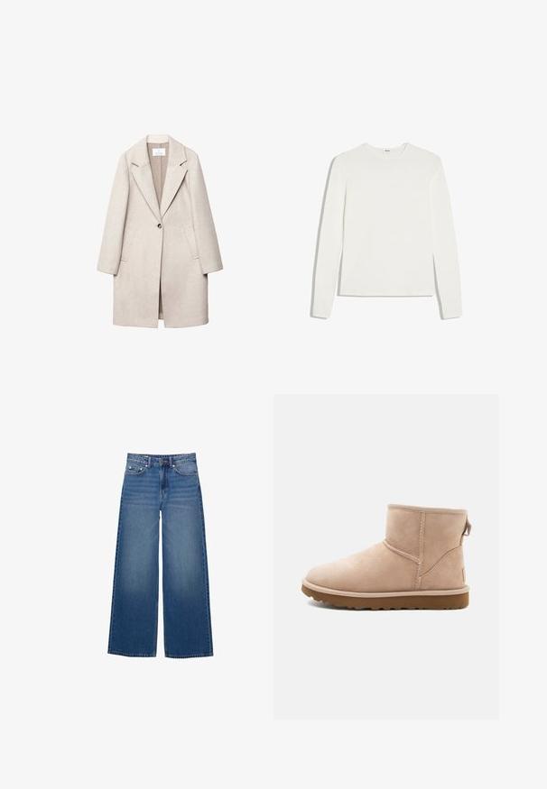Manteau en laine beige clair avec un col cranté, une fermeture à un bouton, deux poches avant et une coupe décontractée. Fini en tissu texturé.; T-shirt blanc uni à manches longues avec col rond et coupe ajustée, posé à plat sur un fond blanc.; Jean en denim à jambes larges, de couleur bleu moyen, avec une taille haute, un design à cinq poches et des détails cousus le long des coutures.; Bottine en daim beige à bout arrondi, avec des accents cousus et une semelle en caoutchouc brun texturé. Elle se distingue par une languette à l'arrière.