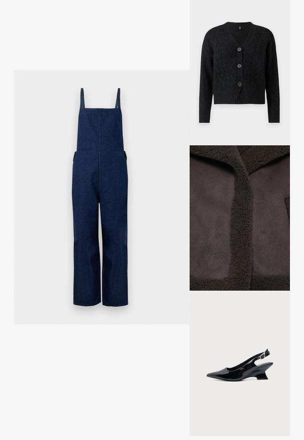 Veste marron avec un col texturé et duveteux et un tissu lisse. Le design comprend une ouverture centrale et une esthétique minimaliste.; Salopette en denim marine avec jambes larges, bretelles ajustables et poches latérales, présentant un design épuré et minimaliste ainsi qu'une texture lisse.; Cardigan noir en tissu tricoté texturé, avec un col en V, des manches longues et quatre grands boutons sur le devant.; Chaussure slingback en cuir verni noir avec bout pointu et petit talon bloc incliné sur fond clair uni.
