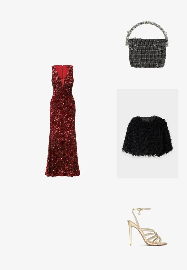 Sort faux fur cropped jakke med en tekstureret, fluffy overflade, rund halsudskæring og ingen synlige lukninger. Foret inderside synlig ved halsen.; Lang rød kjole dækket med pailletter, med en dyb V-udskæring, ærmeløs design og en tætsiddende silhuet, der flarer ud i bunden.; Guld højhælede sandaler med flere krystalbesatte stropper og en ankelrem, med en glat metallisk finish og en spids tå.; Sort netstof clutch-tas med sølv lynlås og et håndtag prydet med store klare runde krystaller.