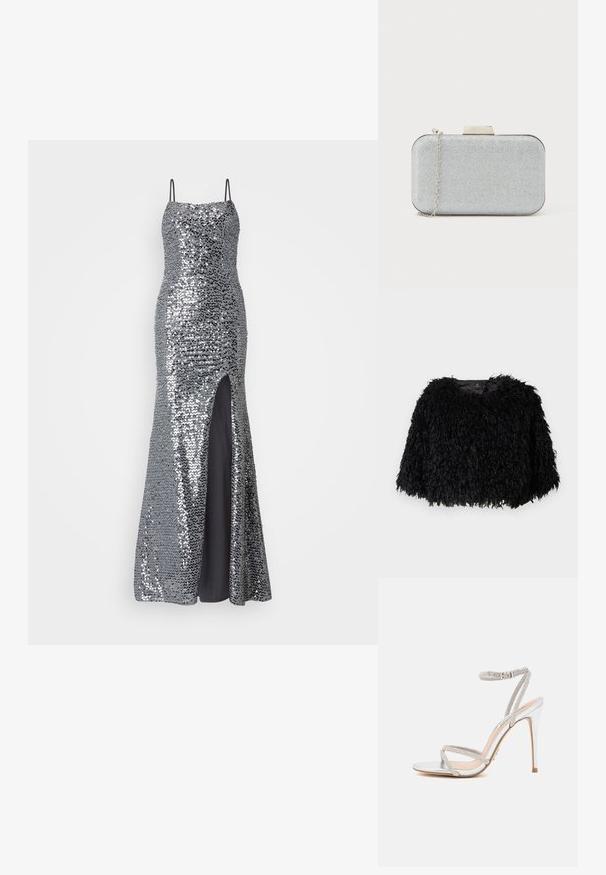 Sort faux fur cropped jakke med en tekstureret, fluffy overflade, rund halsudskæring og ingen synlige lukninger. Foret inderside synlig ved halsen.; Sølv paliet aftenkjole med spaghetti-stropper, tætsiddende overdel og høj slidse. Glat sort foring under.; Sølv højhælede sandal med tynde stropper, prydet med rhinsten, og med et elegant design og spids tå.; Metallisk sølvfarvet rektangulær clutch med en tekstureret overflade, sølvkæde rem og en geometrisk spænde på toppen. Glatte kanter.